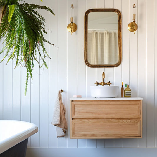Ellsworth Shaker Floating Vanity with Drawers in American Oak w Stone Top