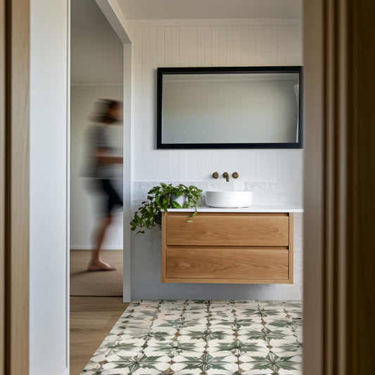 Heathcote Floating Bathroom Vanity with Stone Top in American Oak