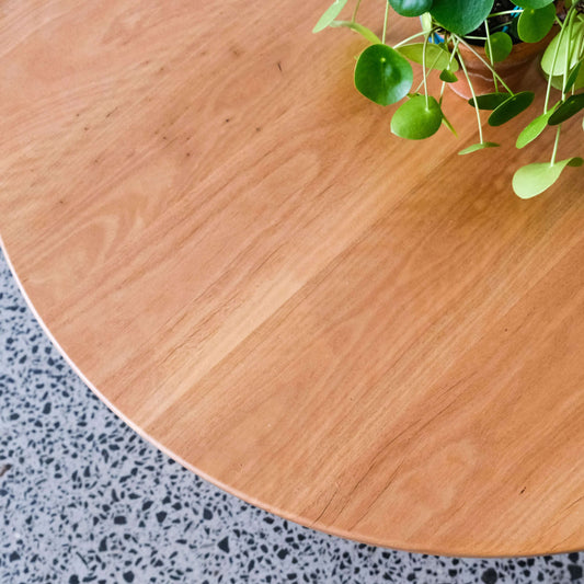 Round wooden table with a plant on a speckled gray floor