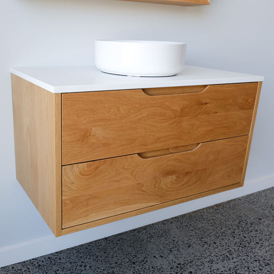 Heathcote Curve Floating Vanity in American Oak - 900w - 2 Drawer