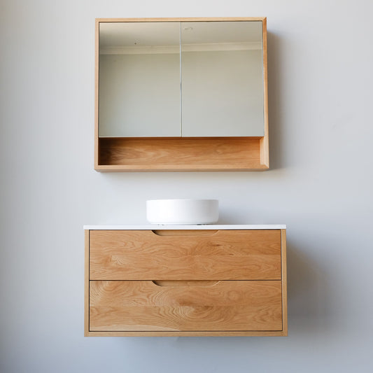 Heathcote Curve Floating Vanity in American Oak - 900w - 2 Drawer