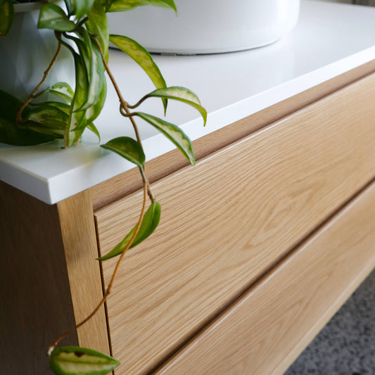 Heathcote Floating Bathroom Vanity with Stone Top in American Oak