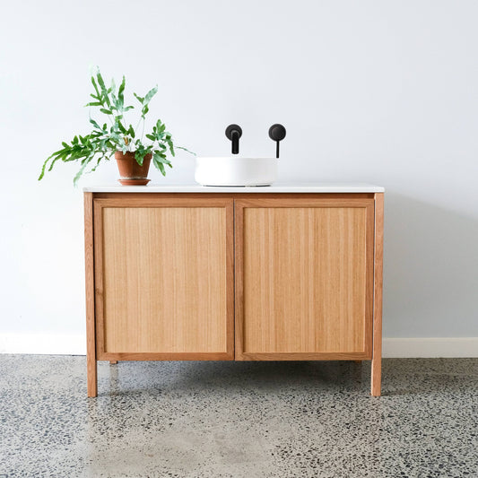Heathcote Shaker Timber Freestanding Vanity with Stone Top in Tas Oak