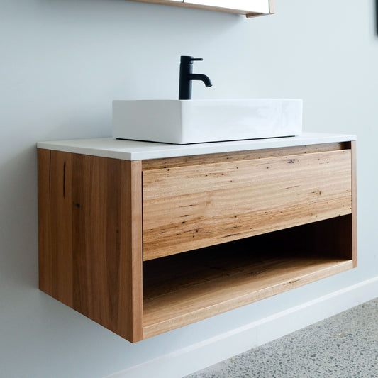 Heathcote Floating Vanity w Shelf in Wormy Chestnut