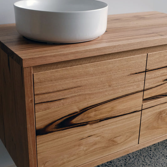 Heathcote Floating Timber Vanity in Recycled Messmate w Timber Top - 1 door, 2 drawer