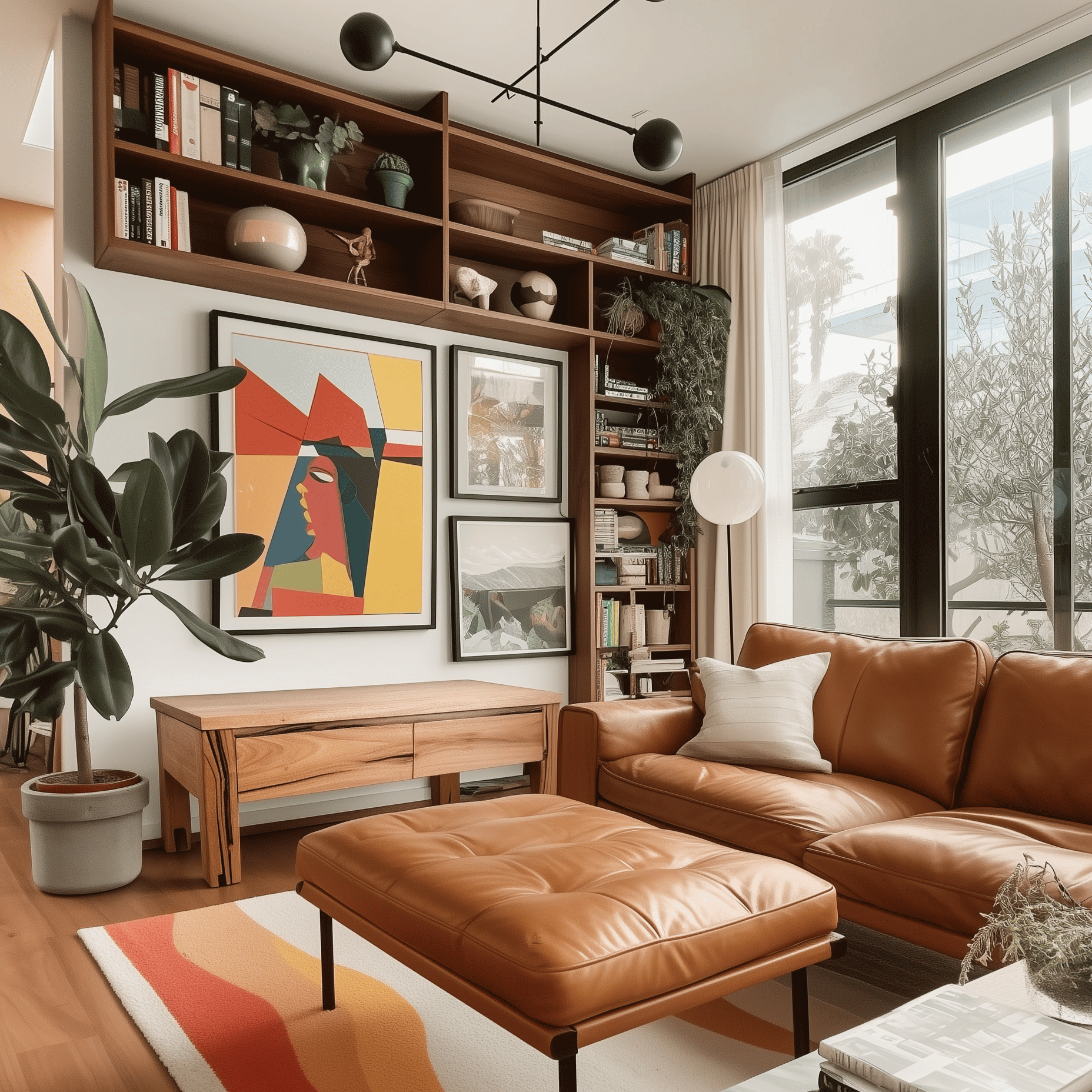 Modern living room with messmate coffee table, brown leather sofa, ottoman, and bookshelf.