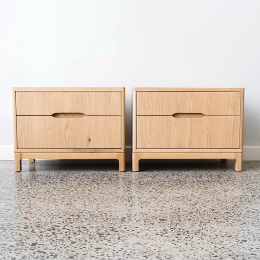 Clifton Bedside Tables in American Oak - 2 drawer - 600w x 500h
