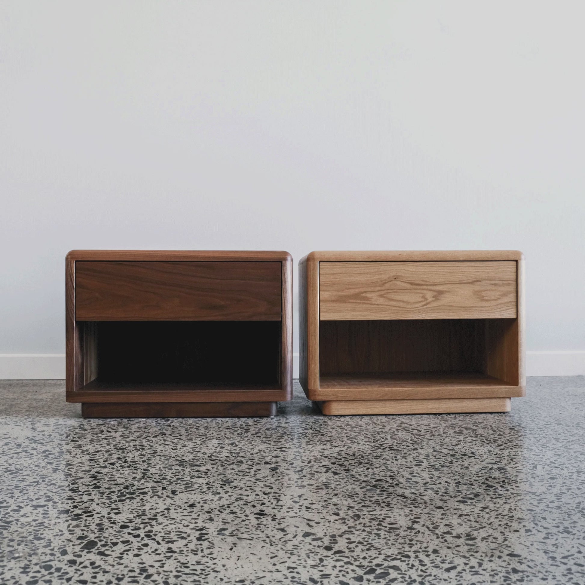 Plymouth Plinth Bedside Tables in Black Oak - 600w x 450h