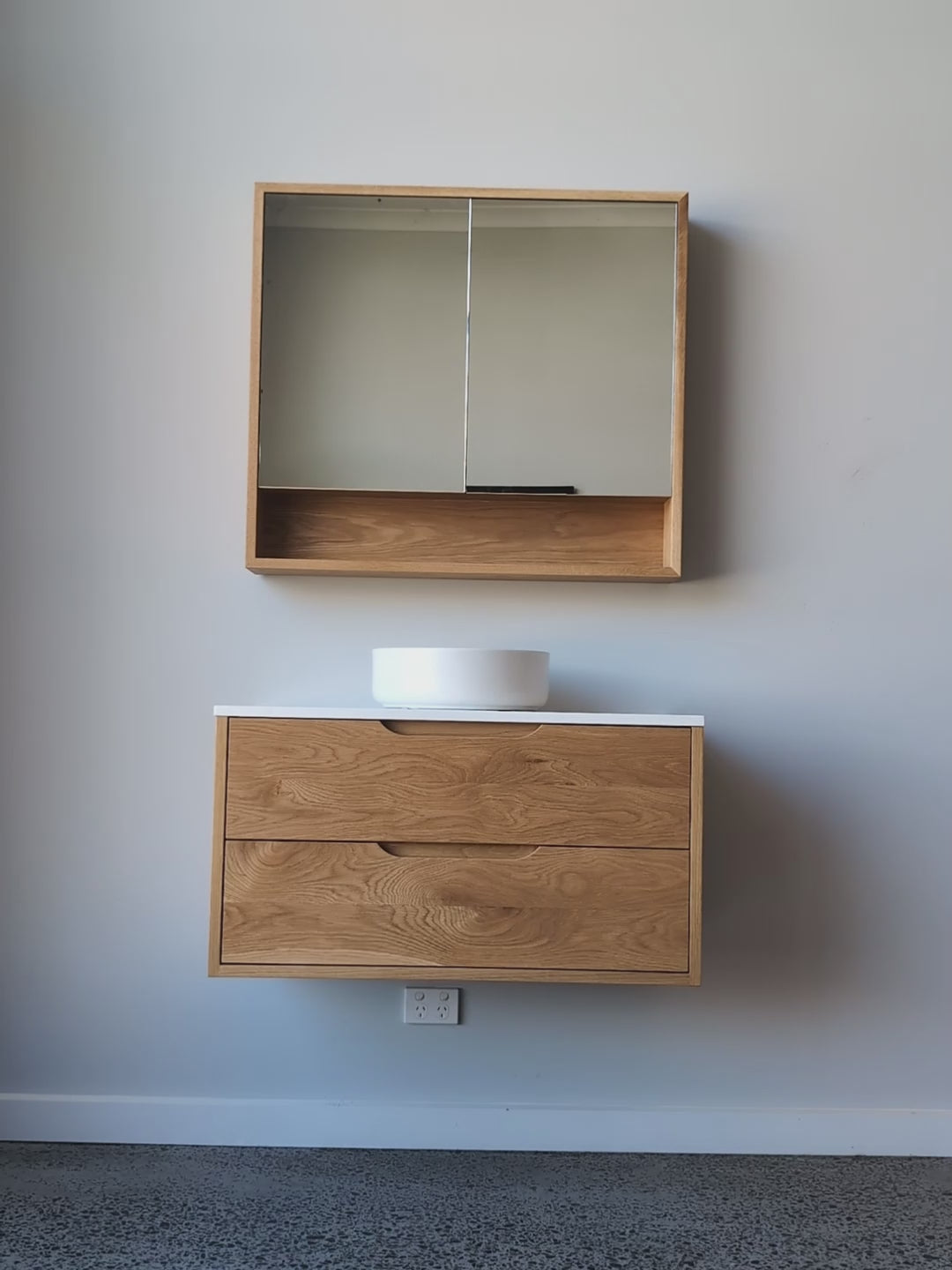 Heathcote Curve Floating Vanity in American Oak - 900w - 2 Drawer