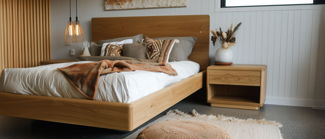 Cozy bedroom featuring a floating oak timber bed frame, decorative pillows, an oak bedside table, earthy tones, and soft lighting for a warm ambiance.