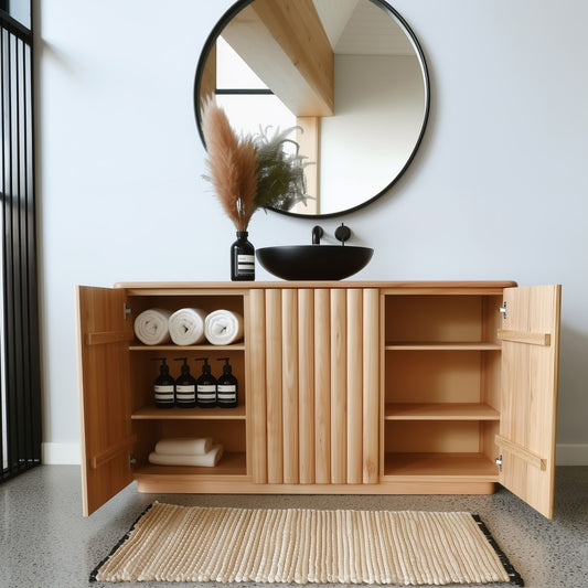 Tasmanian oak bathroom cabinet with round mirror and decorative items