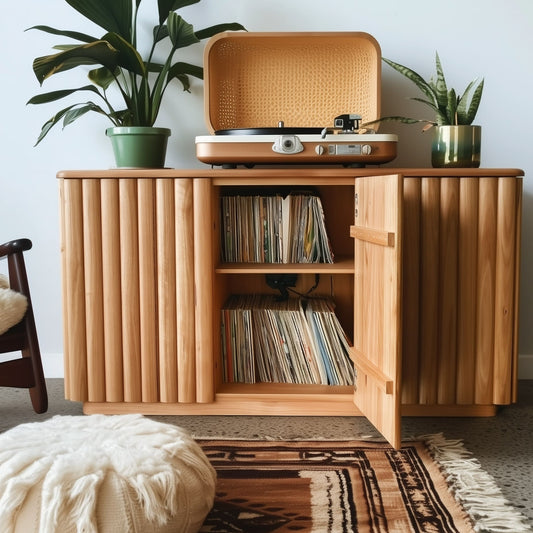 Timber record player console with vinyl records and a wicker radio on top, surrounded by plants and a rug.