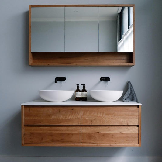 Heathcote Floating Double Bathroom Vanity in Blackbutt with Stone Top