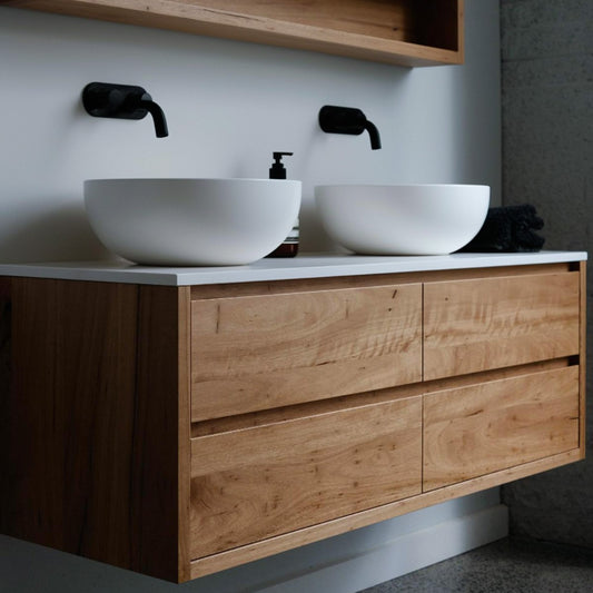 Heathcote Floating Double Bathroom Vanity in Blackbutt with Stone Top