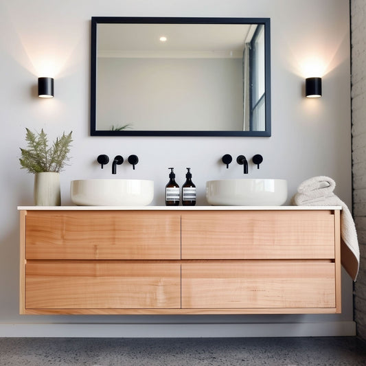 Heathcote Floating Bathroom Vanity with Stone Top in Tas Oak