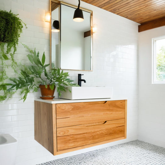 Heathcote Curve Floating Bathroom Vanity with Stone Top in Blackbutt