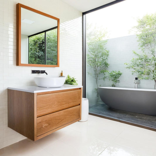 Heathcote Floating Bathroom Vanity with Stone Top in American Oak