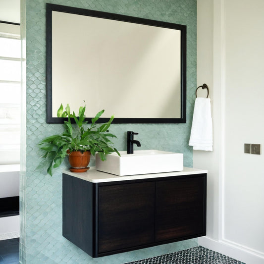 Plymouth Floating Bathroom Vanity with Stone Top in Tas Oak-Black