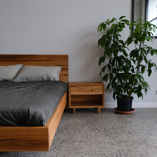 Heathcote Floating Timber Bed in Wormy Chestnut - Queen