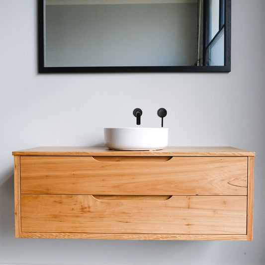 Heathcote Curve Floating Bathroom Vanity with Timber Top in Blackbutt