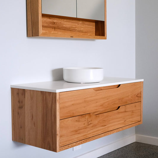 Heathcote Curve Floating Bathroom Vanity with Stone Top in Blackbutt