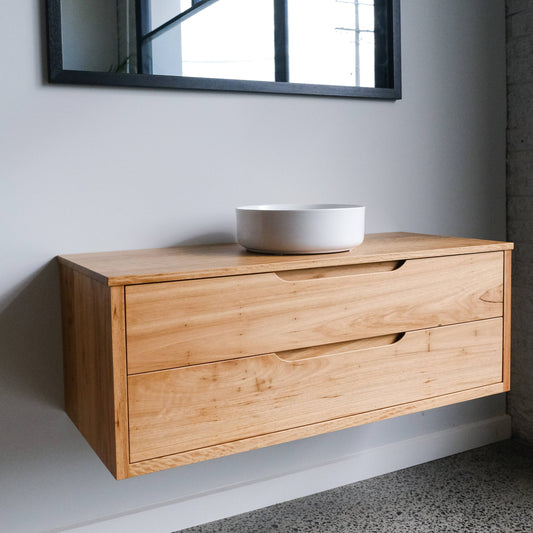 Heathcote Curve Floating Bathroom Vanity with Timber Top in Blackbutt