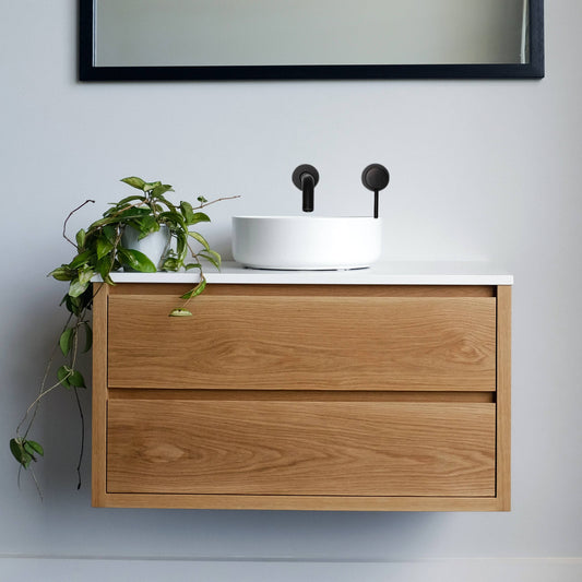 Heathcote Floating Bathroom Vanity with Stone Top in American Oak