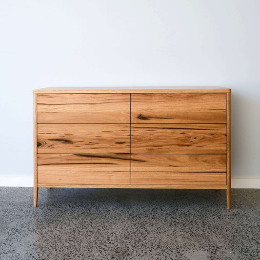 Mayfield sideboard in Wormy Chestnut, featuring 6 drawers, modern Scandinavian design with messmate timber.