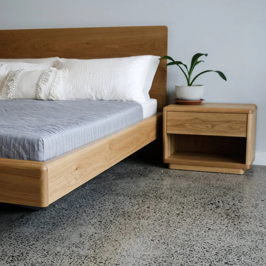 Plymouth Panel Floating Timber Bed in American Oak - Queen