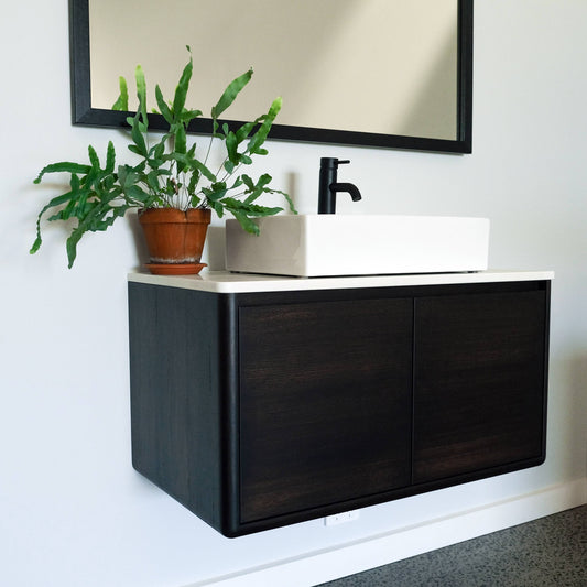 Plymouth Floating Vanity in Tas Oak w Black Finish - 900w