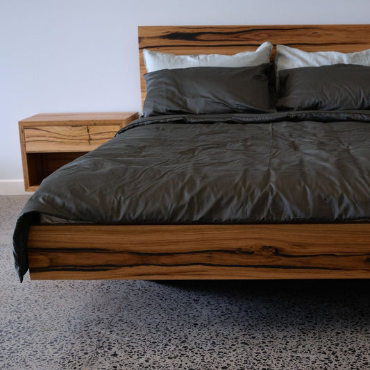 Heathcote Floating Timber Bed in Wormy Chestnut - Queen