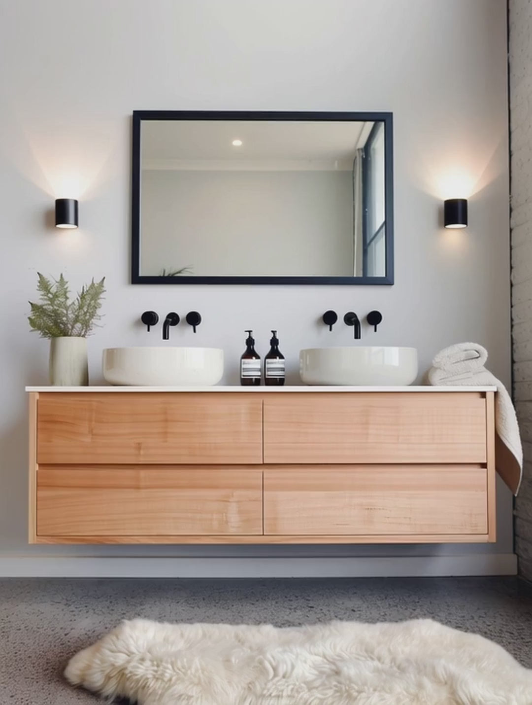 Heathcote Floating Bathroom Vanity with Stone Top in Tas Oak
