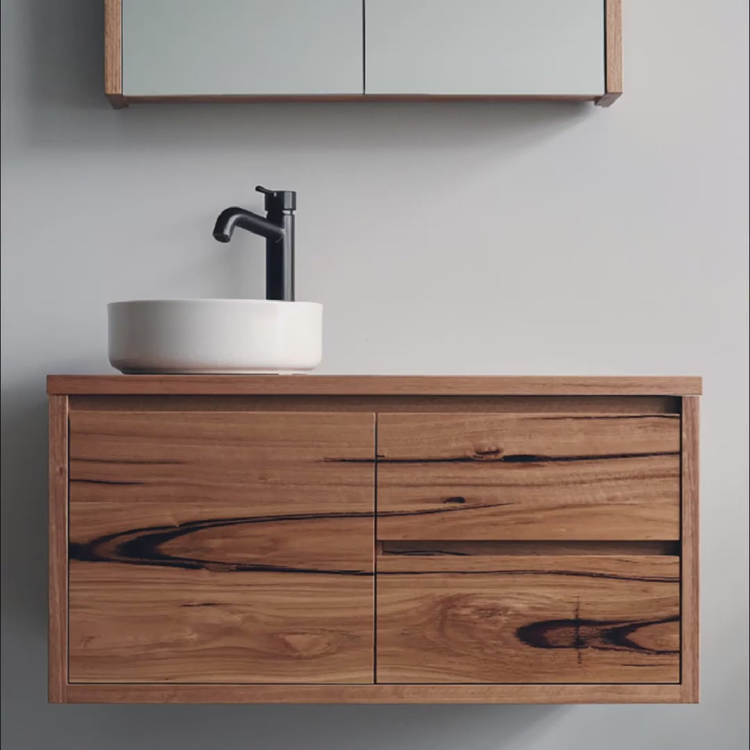 Heathcote Floating Timber Vanity in Recycled Messmate w Timber Top - 1 door, 2 drawer